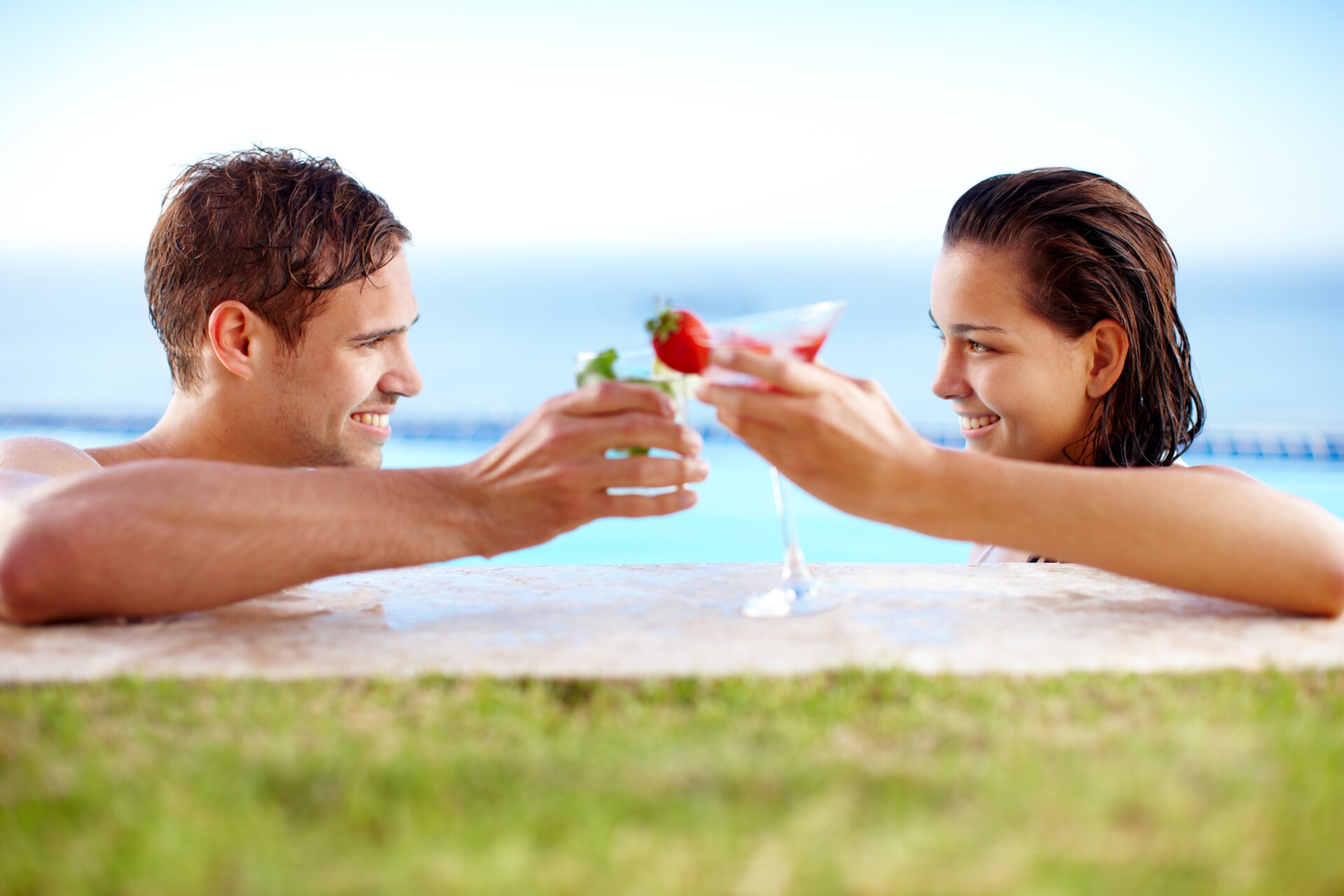 Swimming,Pool,,Relax,Or,Couple,With,Toast,On,Holiday,For